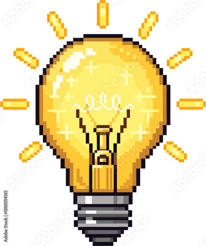 Bright idea light bulb with glowing filament and radiating beams, symbolizing innovation and inspiration, pixel art design
