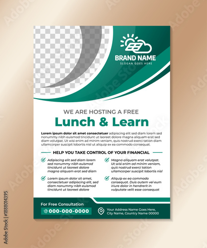 we are hosting a free lunch and learn Flyer template in vertical layout. quarter circle shape for photo collage. combination black and green gradient on ornament isolated on white background.