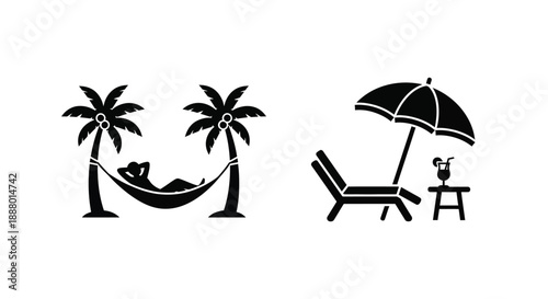 Tropical beach scene with palm trees hammock and lounge chair silhouette