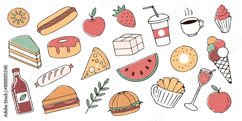 Seamless pattern background featuring a vector set of food and drinks including breakfast coffee bread burger pizza and sweet dessert icons like chocolate cake and cupcake in a cartoon style