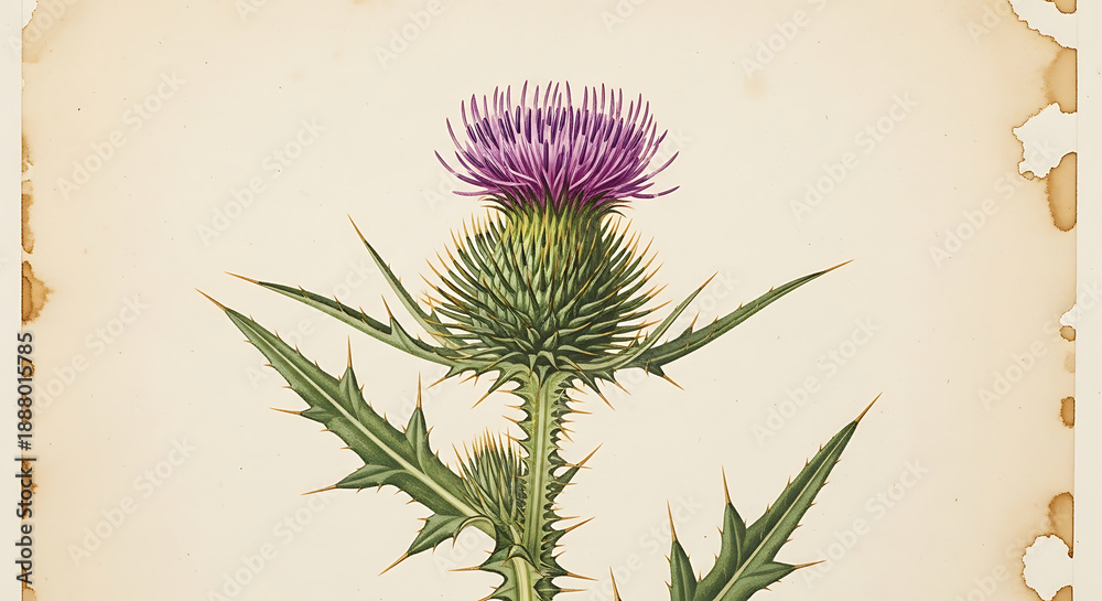 custom made wallpaper toronto digitalVintage botanical illustration of a Scottish thistle with vibrant purple flower on aged paper background, detailed.