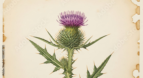 Wallpaper Mural Vintage botanical illustration of a Scottish thistle with vibrant purple flower on aged paper background, detailed. Torontodigital.ca