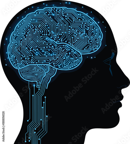 Human head silhouette with blue circuit brain design symbolizing artificial intelligence, neural networks, and digital cognition concept