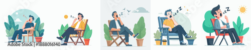 Flat Illustration Man Yawning and Sleepy while Sitting on Chair Set