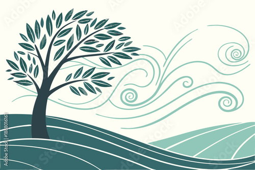 Minimalist Vector Illustration of a Tree Swaying in Strong Wind