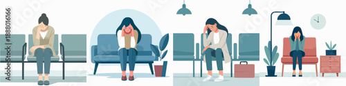 Flat Style Illustrative Women Sitting Alone Feeling Sad in the Waiting Room