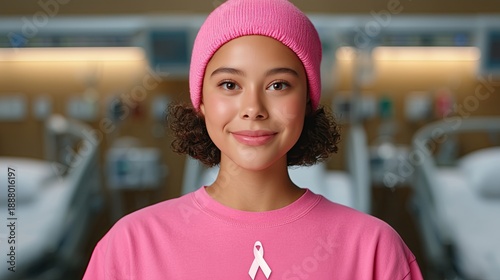 Young Woman in Pink Hat at Hospital Smiling with Hopeful Expression, World Cancer Day 