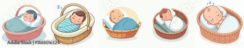 Illustration of Various Sleeping Baby in Basket with Different Blankets
