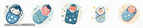 Cute Cartoon Style Sleeping Newborn Baby in Swaddle Collection