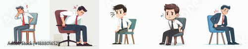 Cartoon Style Depicting Office Man Sitting with Back Pain Problems Illustration