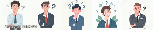 Flat Illustration Thoughtful Businessman with Question Marks Corporate Character Concept