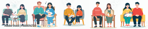 Flat Style Couple and Kid with Pet Seated on Chair Illustration