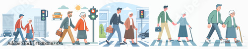 Modern Flat Illustration of People Helping Senior Citizen Cross the Street
