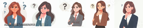 Cartoon Style Different Businesswoman Thoughtful Gesture with Question Mark Illustration