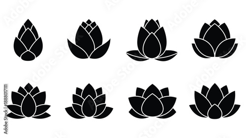 Four rows of lotus flower shapes in black and white a striking silhouette