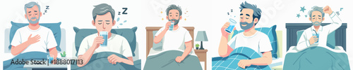 Cartoon Style Middle Aged Man Sleeping Drinking Water Insomnia Collection Illustration