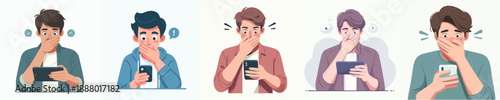 Illustrated Shocked Young Man Expression Reaction with Device in Hand Set