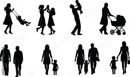 Family life silhouettes showing parents children walking playing swinging stroller bonding moments isolated on white background vector illustration set design