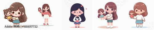 Adorable Flat Illustration of Girl Character with Doll in Various Style