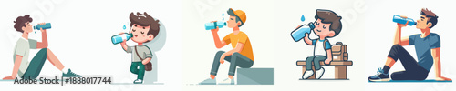 Modern Graphic Set Diverse People Drinking Water From Bottle Illustration