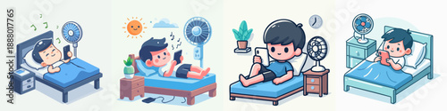 Cartoon Style of Relaxing Boy with Smartphone in Bed Illustration