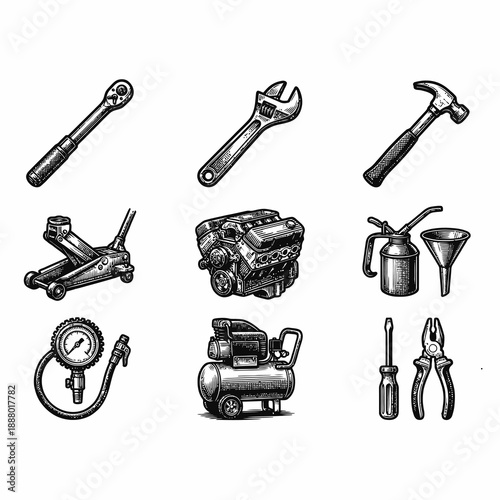 Vintage style illustration of various automotive and mechanic tools and equipment.