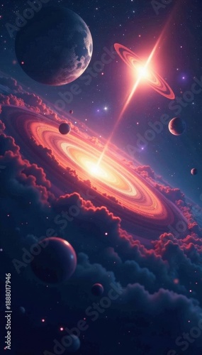 Giant star illuminates glowing nebula, planets orbit distant galaxy , terrestrial planet, dwarf planet, astrophysics