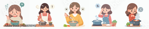 Cartoon Frustrated Woman Cooking Process Illustration Set for Microstock Sale