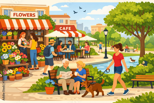 Summer City Life Vector Illustration – Cafe, Flower Shop, Park, and People