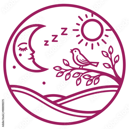 Illustrative Night and Day Cycle with Moon Sun Bird and Landscape