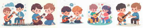 Cute Cartoon Illustration of Youngsters Playing Musical Instrument Together