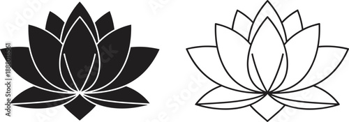 WebBlack and white lotus flower pair with solid and outlined petal styles in minimal vector format for decorative, spiritual, and design themes.