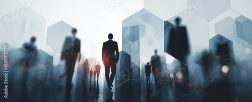 Wallpaper Mural Shadowed professionals stand before hexagonal cityscape, suggesting collaboration and innovation. Torontodigital.ca