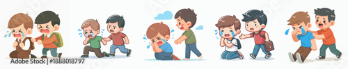 Cartoon Style Illustration Showing Comforting and Helping Little Crying Boy Character