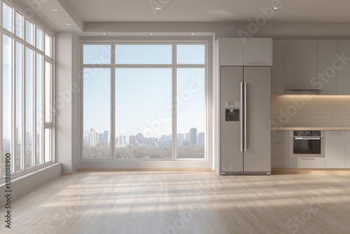 Bright modern apartment interior featuring built-in kitchen appliances and panoramic city views through large windows