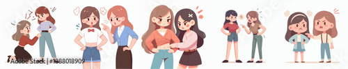 Cute Cartoon Illustration of Two Arguing or Fighting Young Girl Friends