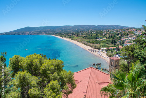 Elevated Panoramic View of Zaga Beach and the Turquoise Messinian Gulf from Koroni, Peloponnese, Greece