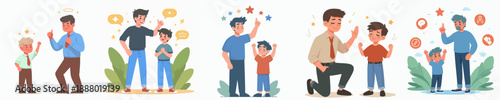 Flat Illustration Father and Son Reach Stars and Coins Together