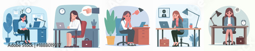 Flat Illustration Depressed Businesswoman Working Late at Office Desk Set