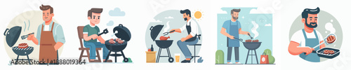 Flat Graphic Man Grilling Meat on Outdoor Charcoal Grill Illustration
