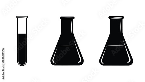 Three laboratory flasks and a test tube in black silhouette