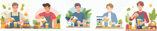 Flat Style Man Preparing Healthy Fruit Juice Drinks at Counter Illustration