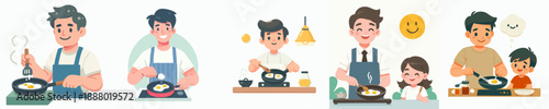 Cute Cartoon Illustration of Father and Children Cooking Together at Home