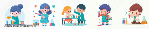 Cartoon Style Cute Student Conducting Experiment in Laboratory Illustration