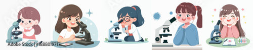 Cartoon Style Set of Smiling Female Students with Microscope Illustration