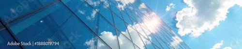 Glass facade reflecting sky, sharp angular design, sharp, exterior, modern building