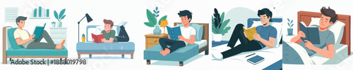 Flat Illustration Young Man Reading Book in Bed and Sofa Illustration