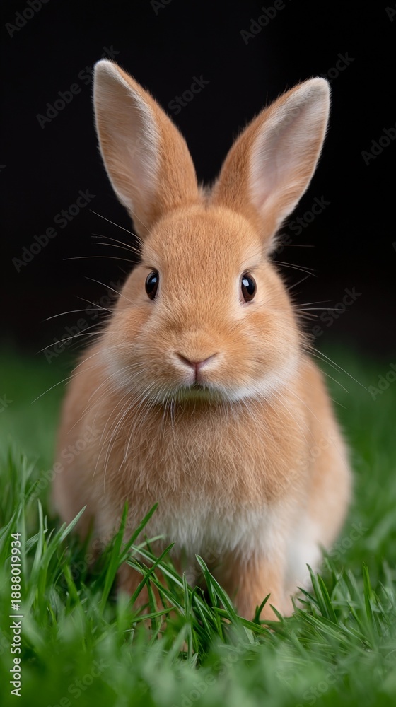 Fototapeta premium A cute little bunny is standing in a green field