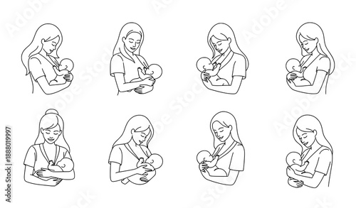 Minimal breastfeeding mother and baby outline vector illustrations for maternal care
