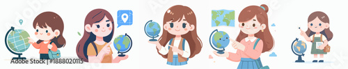 Cute Handdrawn Girl Character with Globe Study and Education Illustration
